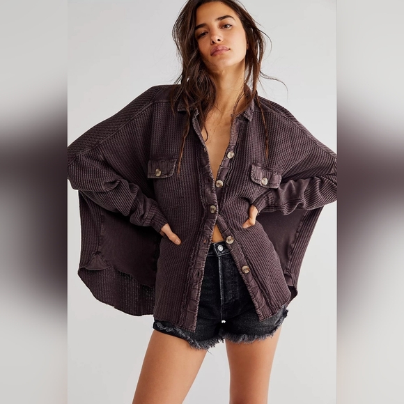 Free People Tops - Free People Scout Oversized Waffle Knit Jacket | Slouchy Boho Shacket Brown
